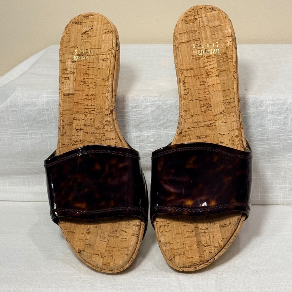 Stuart Weitzman Tortoise Patent‎ Cork Wedge Slide Sandals Women's Sz 8.5M Resort - Picture 2 of 15